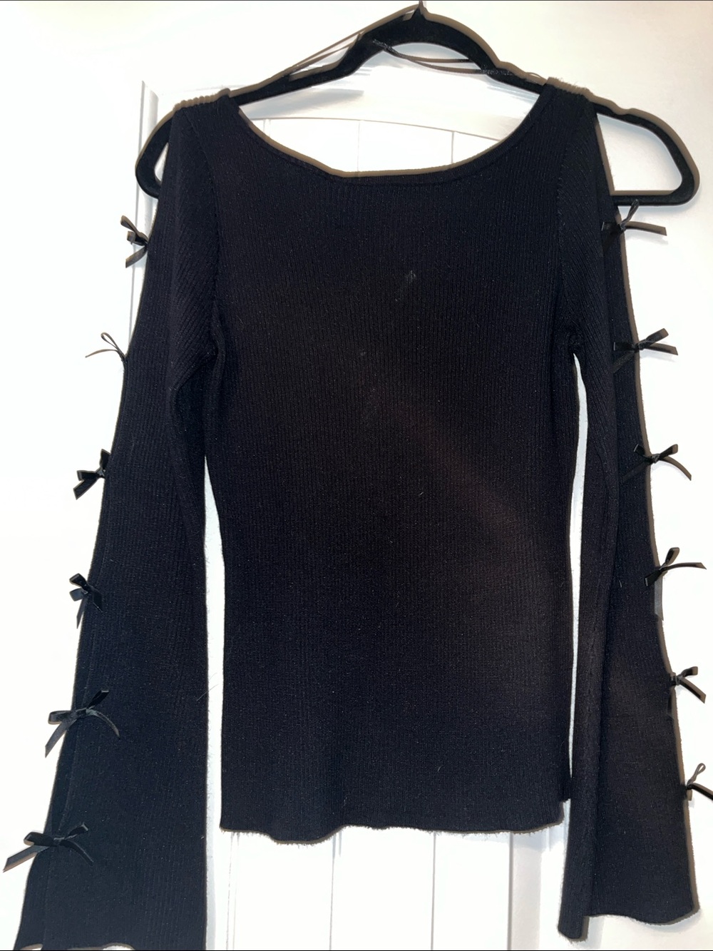 Sweet Rain Black Scoop-Neck Sweater with Sleeve Bow Accents